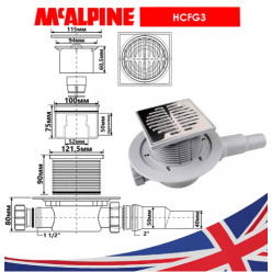 Душевой трап с сухим затвором McAlpine MRFG3 115х115 мм, горизонтальный выпуск 40/50 мм