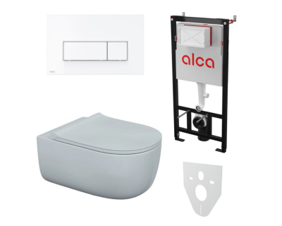 Инсталляция AlcaPlast AM101/1120 + клавиша смыва M570 (белая) + унитаз подвесной Bocchi V-Tondo Rimless (54 см) 1416-001-0129 с сиденьем, безободковый