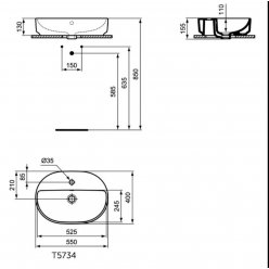 Раковина-чаша овальная 55х36 см, Ideal Standart I.LIFE O,  1 отверстие под смеситель, с отверстием перелива, без крепежа, T573401