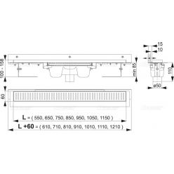 Душевой лоток AlcaPlast APZ1004S-550 для перфорированной решетки с регулируемым краем к стене, с вертикальным стоком