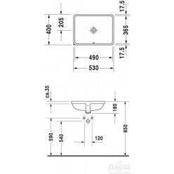 Умывальник Duravit Starck 3 0305490000, встраиваемый снизу 49x40 см с переливом