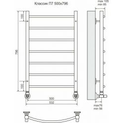 Полотенцесушитель водяной Terminus Классик П7 500x796 (наружная резьба) чёрный матовый