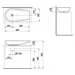 Раковина Laufen Alessi 80х42 см, полочка слева или справа, без отв. для смесителя и слива-перелива, покрытие LCC, 8189734001121