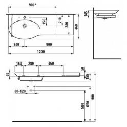 Раковина ассиметричная Laufen Palace 120х46 см, правая, с отв. для смесителя  8.1670.6.000.104.1, цвет белый